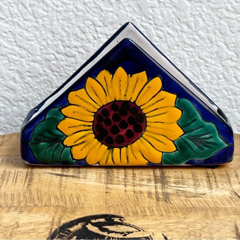 Mexican Talavera Pottery Sunflower Napkin Holder Signed Ulises